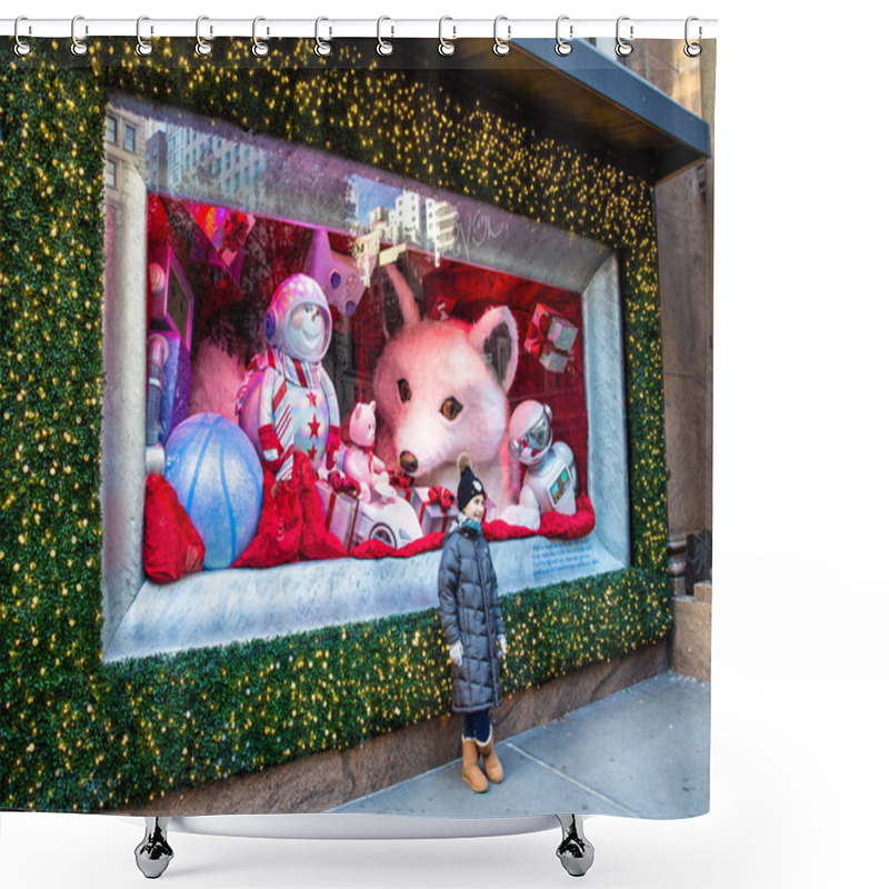 Personality  NEW YORK CITY - DECEMBER 7, 2018: Christmas In New York Street Scene From Macy's Department Store At Herald Square In Manhattan With Holiday Window Displays And People. Shower Curtains