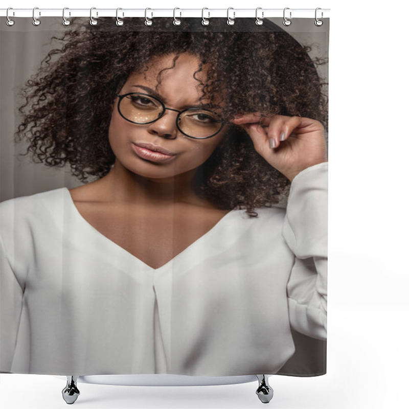 Personality  Young African American Woman In White Shirt Touches Her Eyeglasses Isolated On Grey Background Shower Curtains