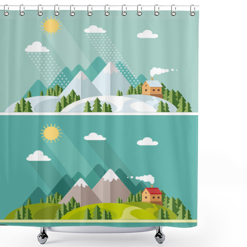 Personality  Summer And Winter Landscape. Beautiful House On The Hill Among T Shower Curtains