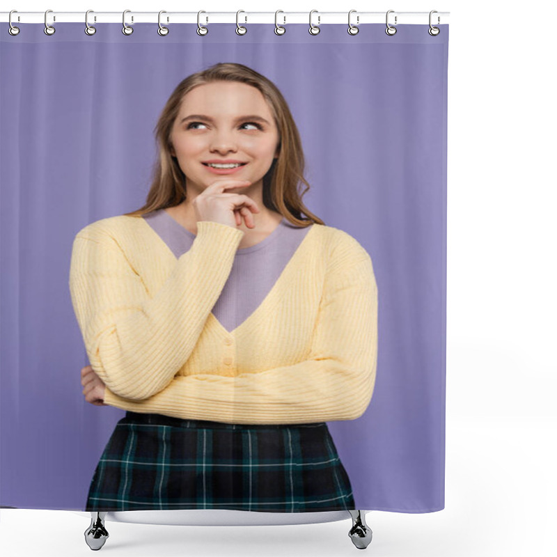 Personality  Smiling And Young Woman Looking Away And Thinking Isolated On Purple  Shower Curtains