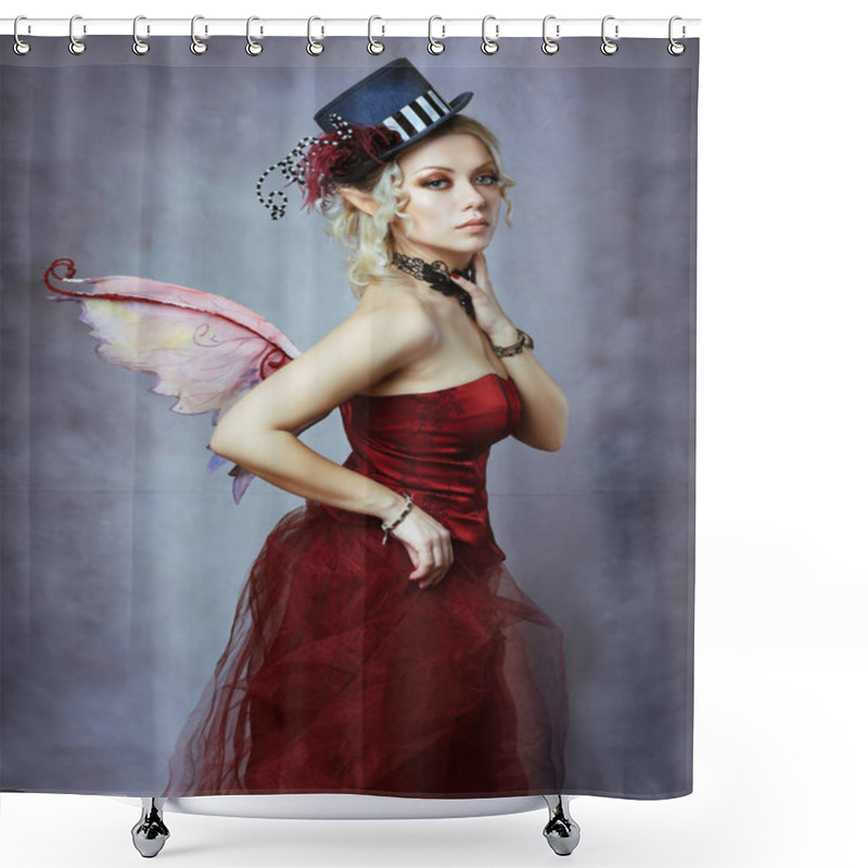 Personality  Red Elf Fairy Wearing Fansy Hat Over Blue Fantasy Background Shower Curtains