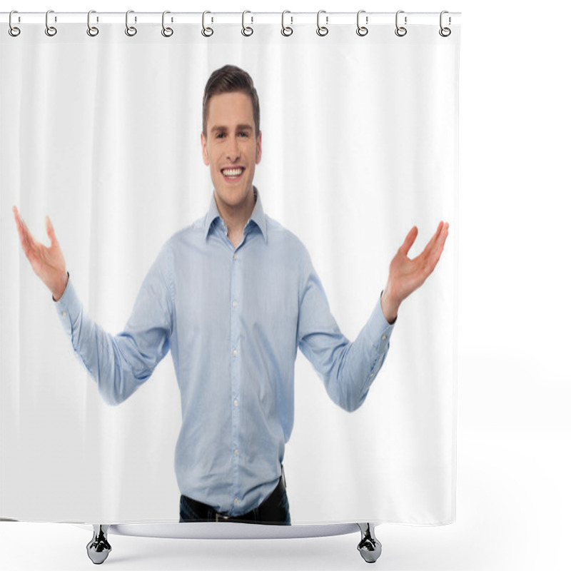 Personality  Happy Young Man With Arms Wide  Shower Curtains