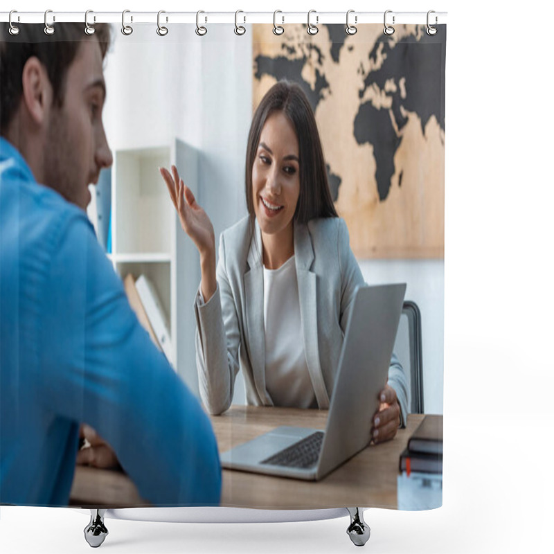 Personality  Smiling Travel Agent Looking At Laptop Screen While Talking To Client In Office Shower Curtains