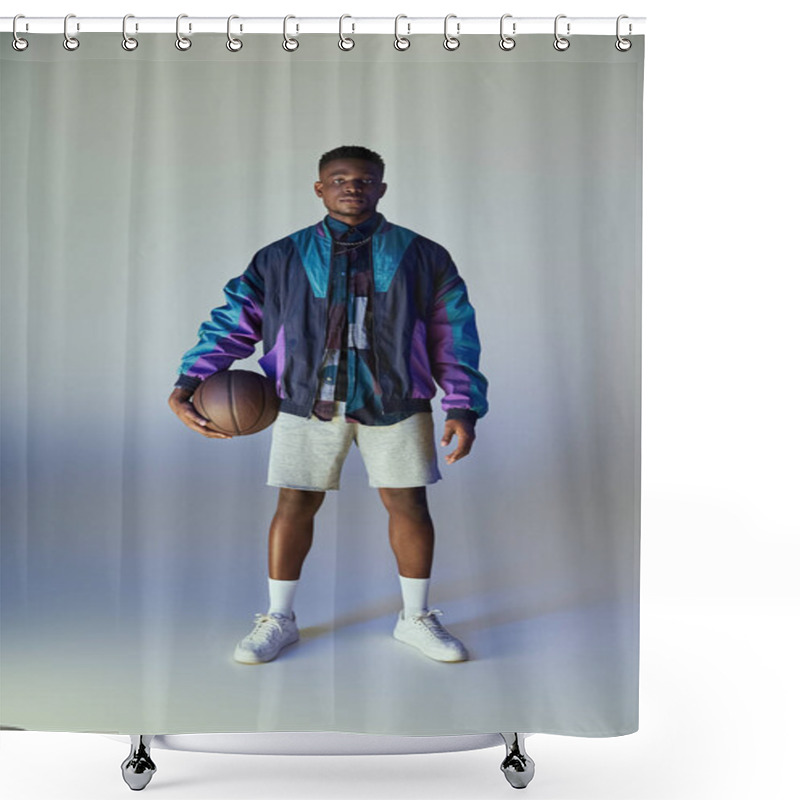 Personality  Fashionable Young African American Man Holding A Basketball In Front Of A White Background. Shower Curtains