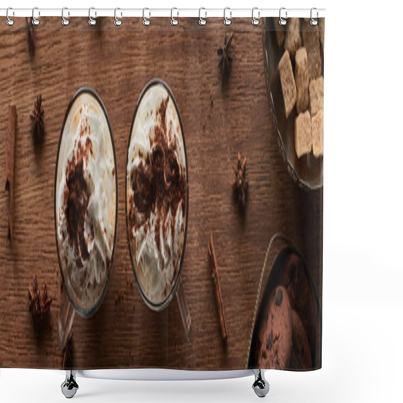 Personality  Top View Of Christmas Cacao With Whipped Cream On Wooden Table Near Cookies And Brown Sugar, Panoramic Shot Shower Curtains