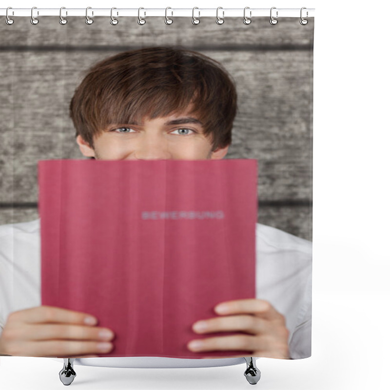 Personality  Businessman Holding Application File Against Wooden Wall Shower Curtains