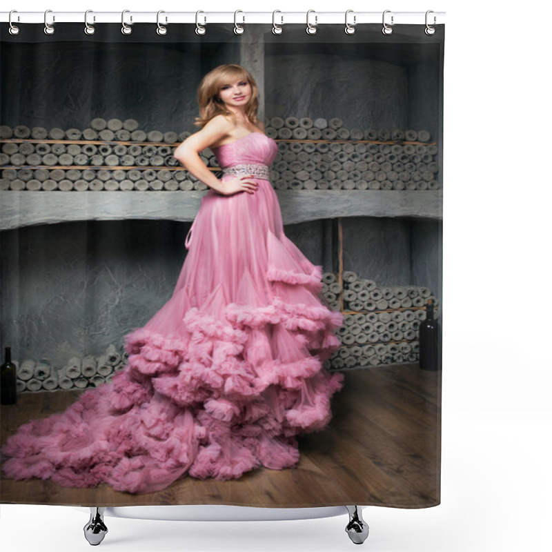 Personality  Portrait Of Young Beautiful Girl In Long Pink Dress Shower Curtains