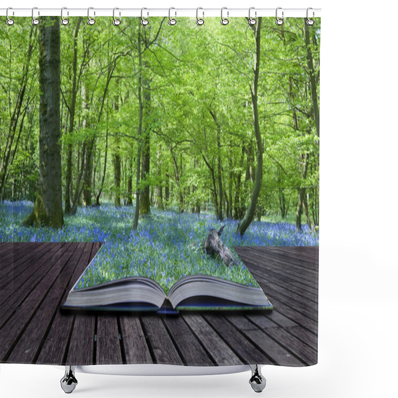 Personality  Magical Book With Contents Spilling Into Landscape Background Shower Curtains