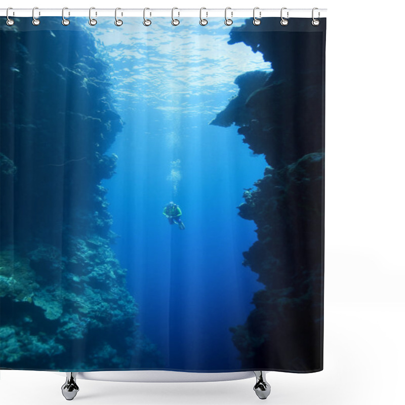 Personality  Diver Swimming Between Underwater Cliffs Shower Curtains