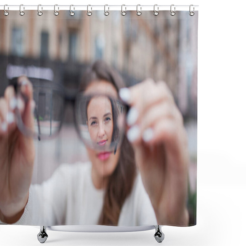 Personality  Closeup Portrait Of Young Women With Glasses. She Has Eyesight Problems And Is Squinting His Eyes A Little Bit. Beautiful Girl Is Holding Eyeglasses Right In Front Of Camera With Two Hand Shower Curtains