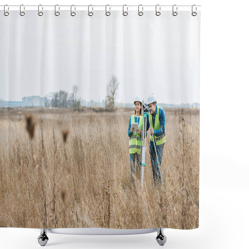 Personality  Surveyors With Digital Level And Tablet Working In Field Shower Curtains