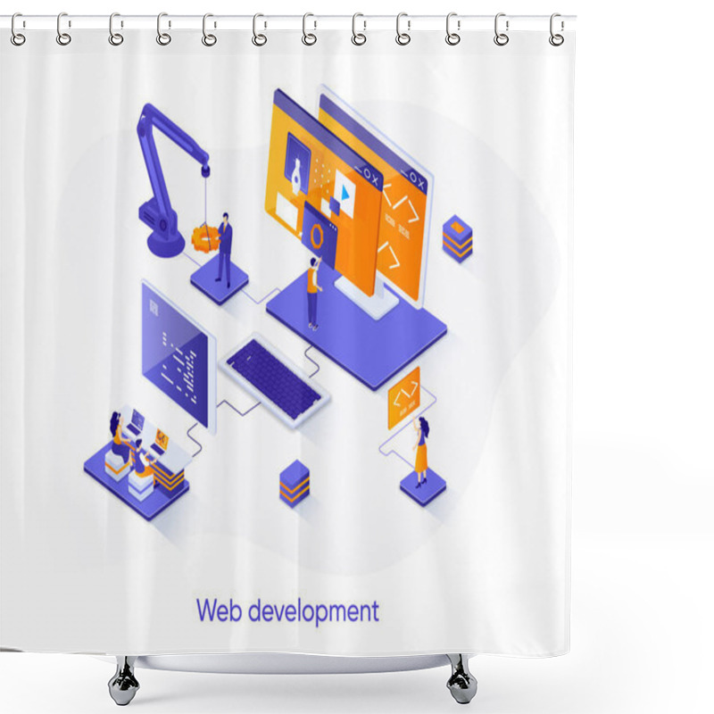 Personality  Web Development Isometric Web Banner. Full Stack Development Company Isometry Concept. Software Engineering 3d Scene, Application Design And Programming. Vector Illustration With People Characters. Shower Curtains