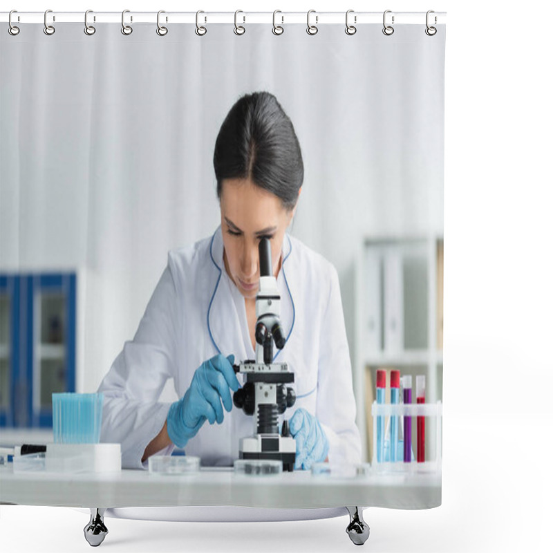 Personality  Scientist In Latex Gloves Using Microscope Near Test Tubes With Samples In Lab  Shower Curtains