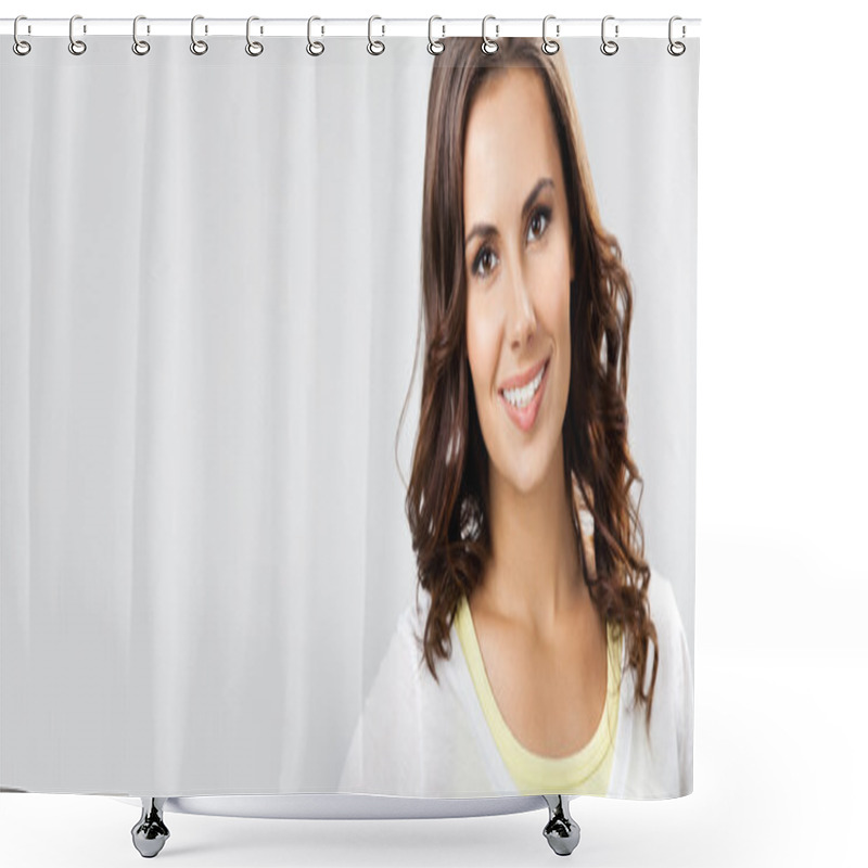 Personality  Smiling Beautiful Young Woman, On Gray Shower Curtains