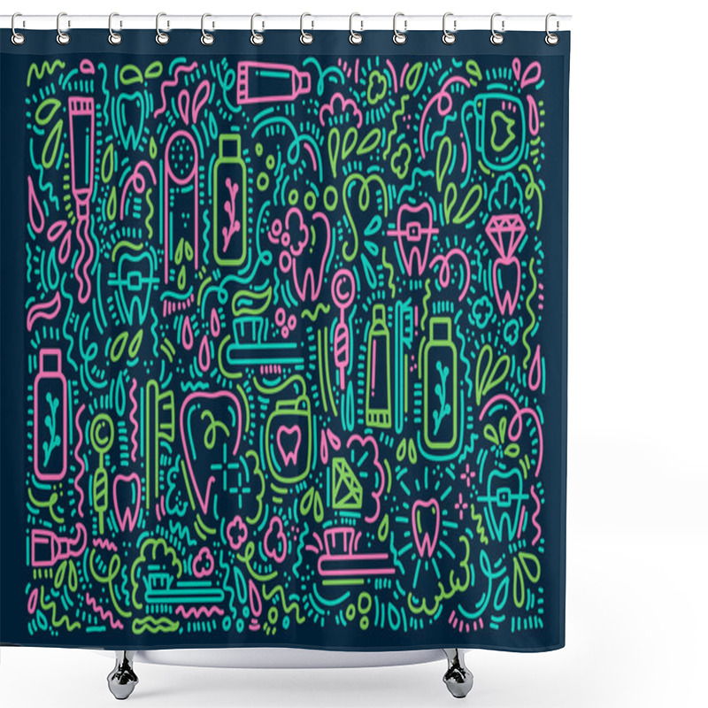 Personality  Background For Brushing Teeth In Doodle Style. Cartoon Linear Poster Toothbrush, Toothpaste And Dental Floss, Teeth. Hand-drawn Doodle Pattern In Morning Hygiene, The Concept Of Care For The Oral Shower Curtains