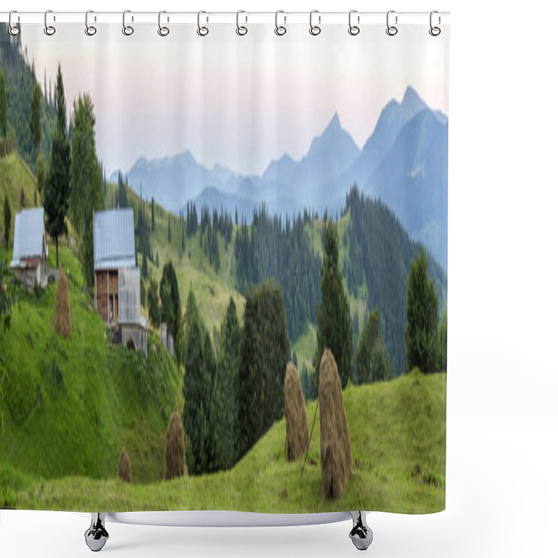 Personality  Village Houses On Hills With Green Meadows In Summer Day. House  Shower Curtains