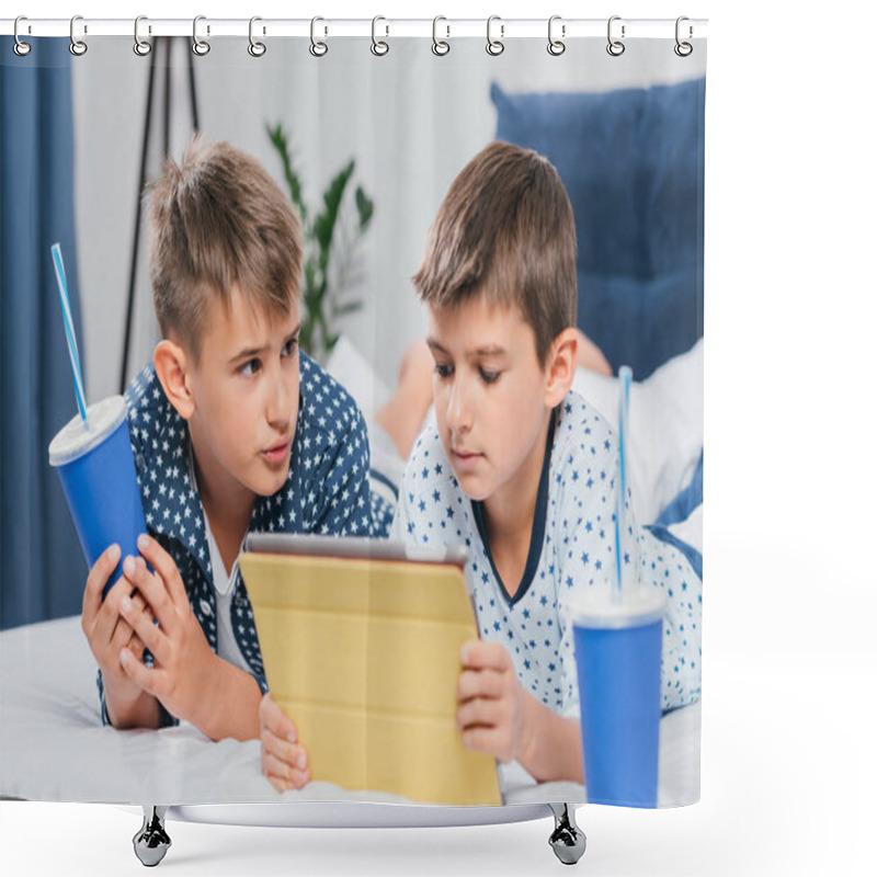 Personality  Boys Using Tablet At Home Shower Curtains