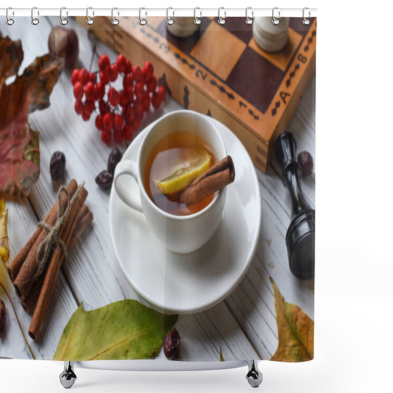 Personality  A Cozy Photo With Two Cups Of Tea, Board With Unfinished Chess Game, Autumn Leaves And Cinnamon Sticks Shower Curtains