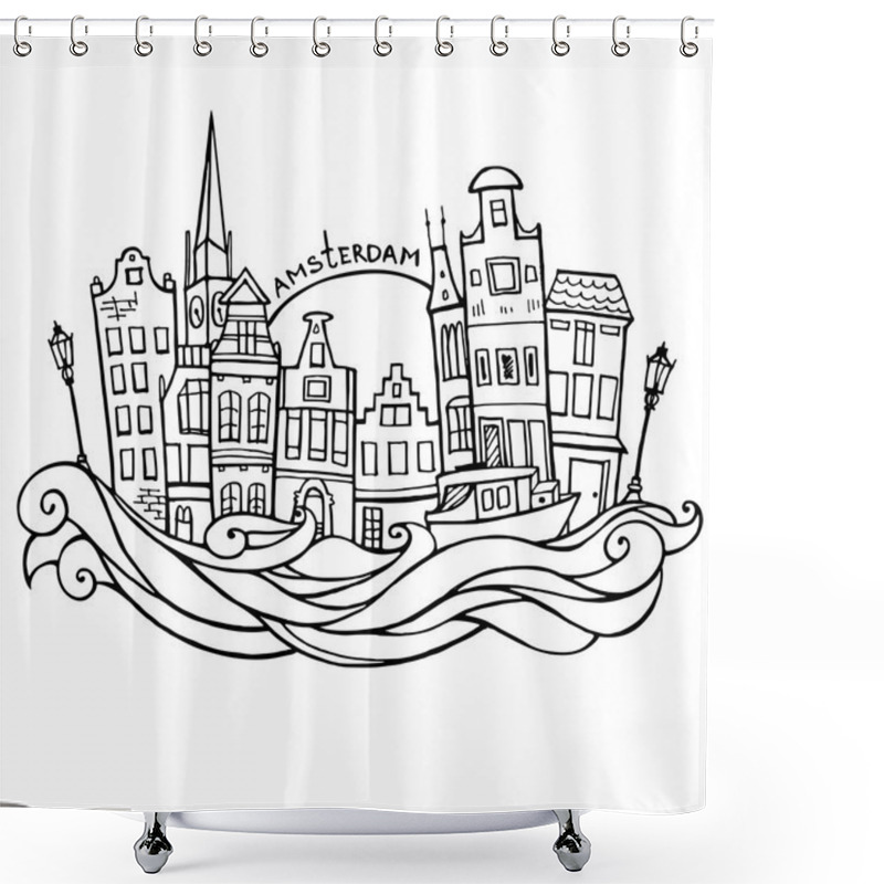 Personality  Background With Hand Drawn Doodle Amsterdam Houses. Isolated Black And White. Illustration Vector. Shower Curtains