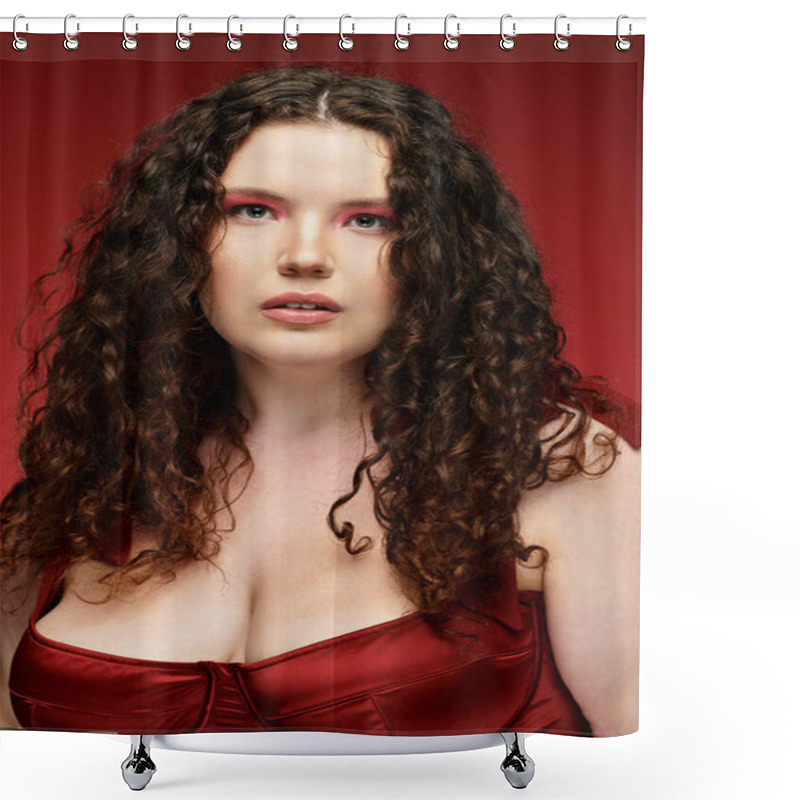 Personality  A Confident Woman With Curly Hair Models Trendy Fashion Against A Striking Backdrop. Shower Curtains