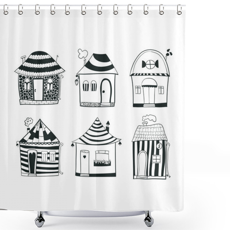 Personality  Set Sketch Black And White Outline Houses In Cartoon Style Shower Curtains