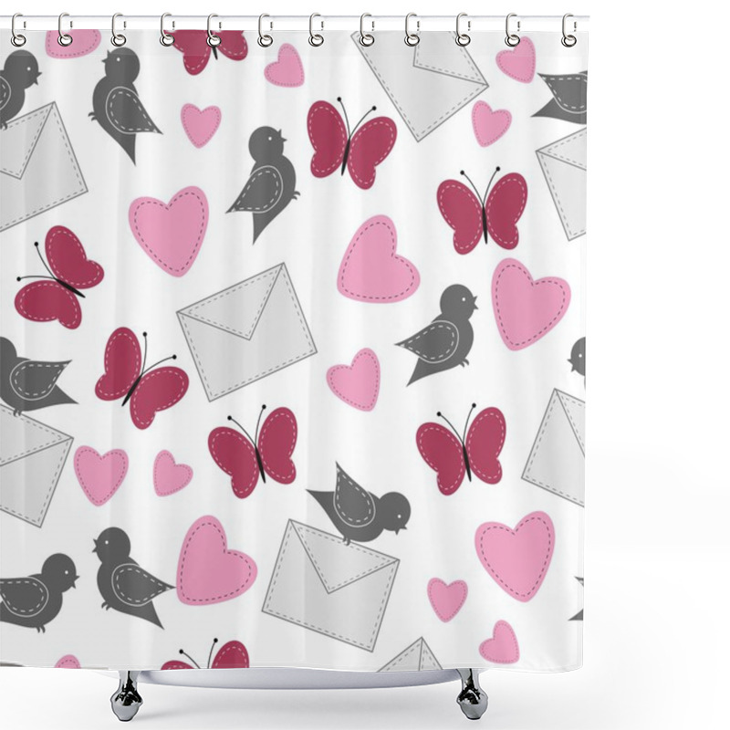 Personality  Seamless Background With Birds, Butterflies And Hearts Shower Curtains