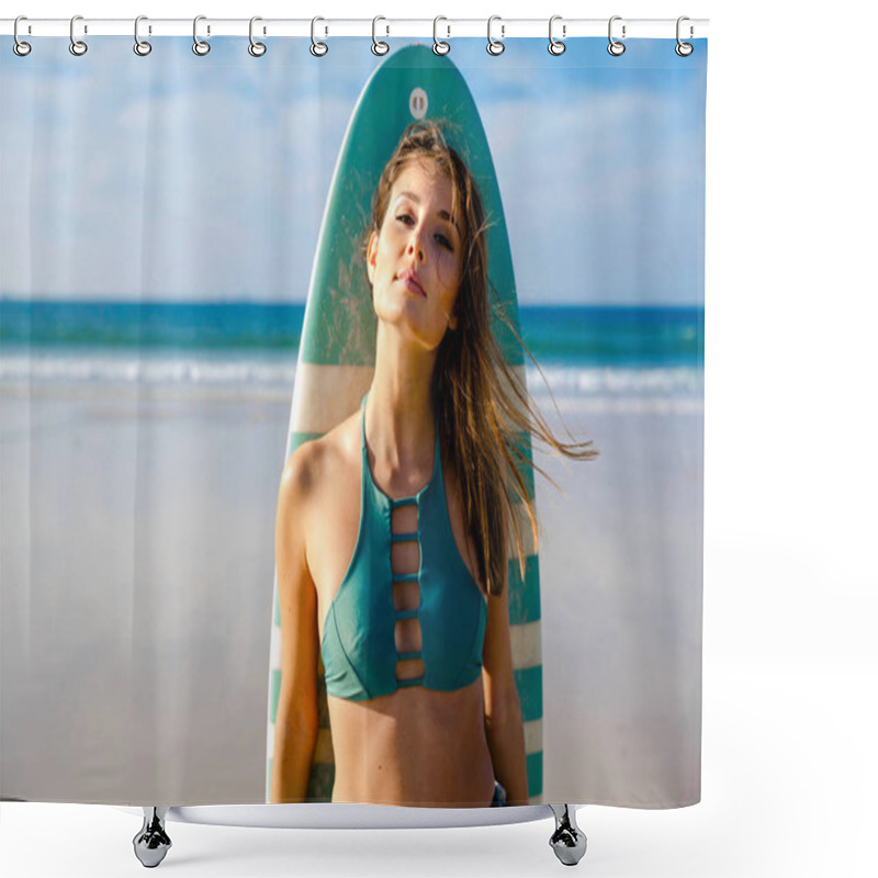 Personality  Surfer Girl Posing At Beach Holding Surfboard  Shower Curtains