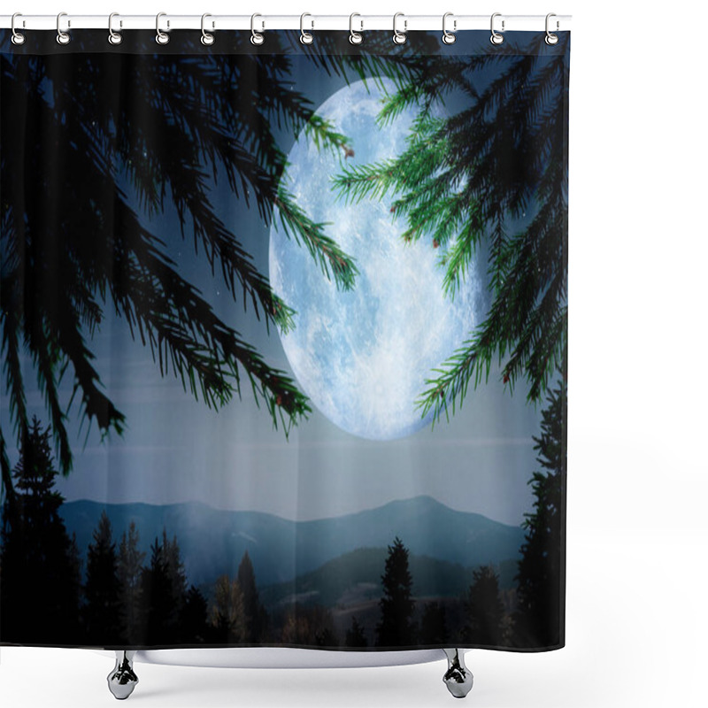 Personality  Fantasy Landscape. Full Moon In Starry Sky Over Mountains, View Through Branches Shower Curtains