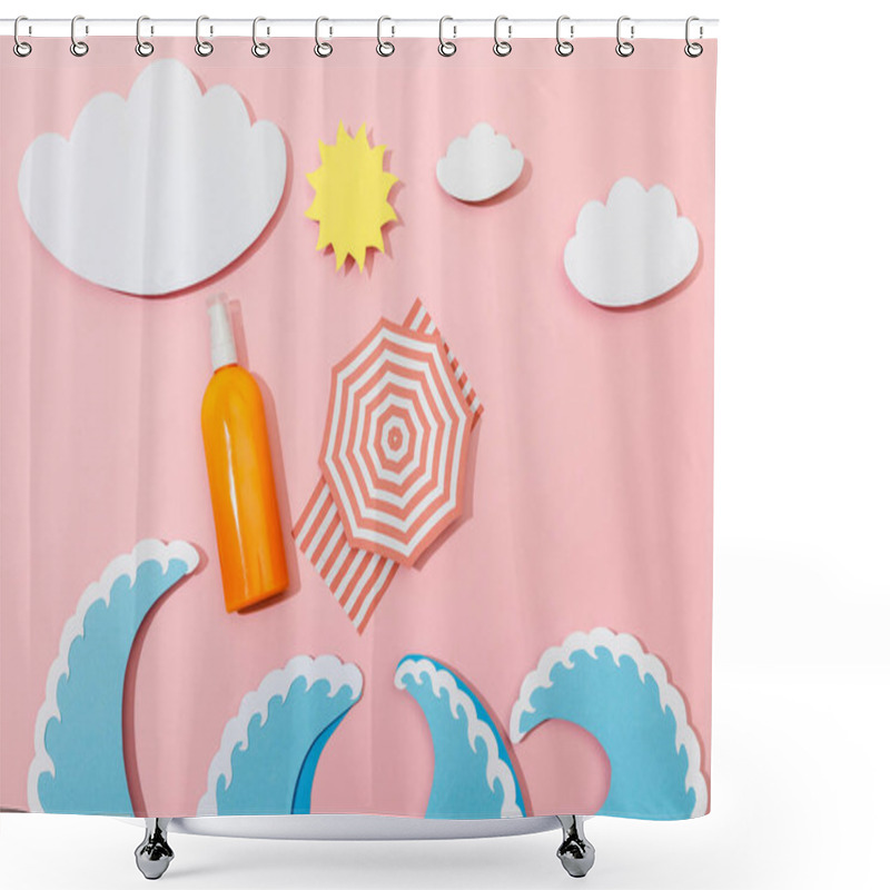 Personality  Top View Of Paper Cut Summer Beach With Dispenser Bottle Of Sunscreen On Pink Background Shower Curtains