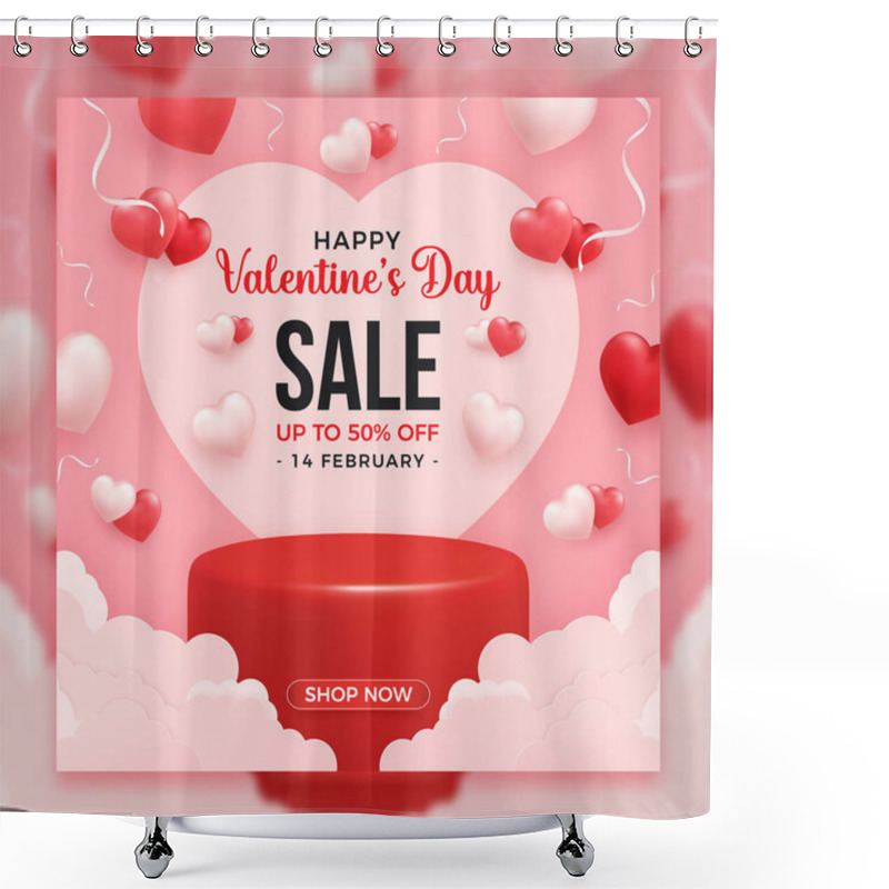 Personality  Valentine's Day Promo Sale Banner With 3d Heart Shapes On Pink Background, Sale And Discount Template Shower Curtains