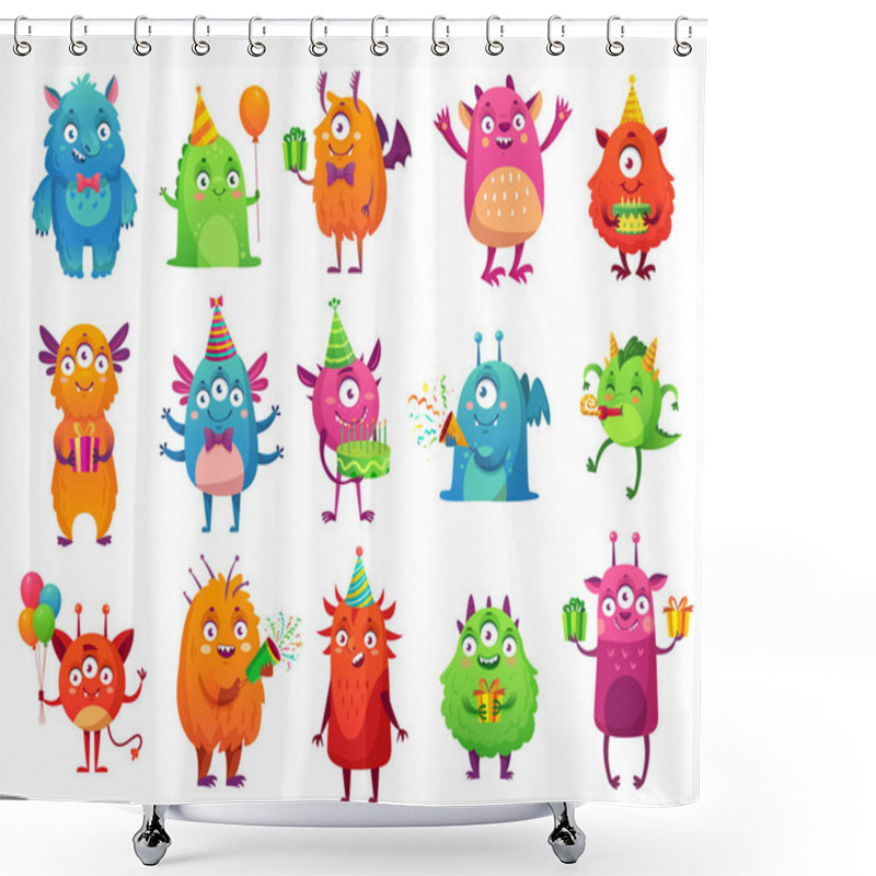 Personality  Cartoon Party Monsters. Cute Monster Happy Birthday Gifts, Funny Alien Mascot And Monster With Greeting Cake Vector Illustration Set Shower Curtains