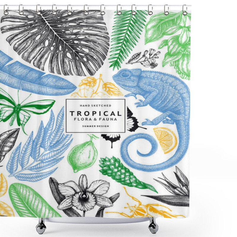 Personality  Tropical Wedding Invitation Or Greeting Card. Vector Design With Hand Drawn Tropical Plants, Exotic Flowers, Palm Leaves, Insects And Chameleon. Vintage Wildlife Background. Summer Template With Tropical Plants And Animals. Shower Curtains