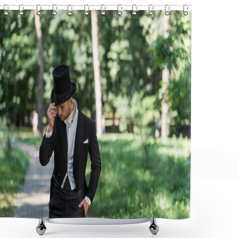 Personality  Handsome Young Victorian Man Touching Hat And Standing With Hand In Pocket Outside  Shower Curtains