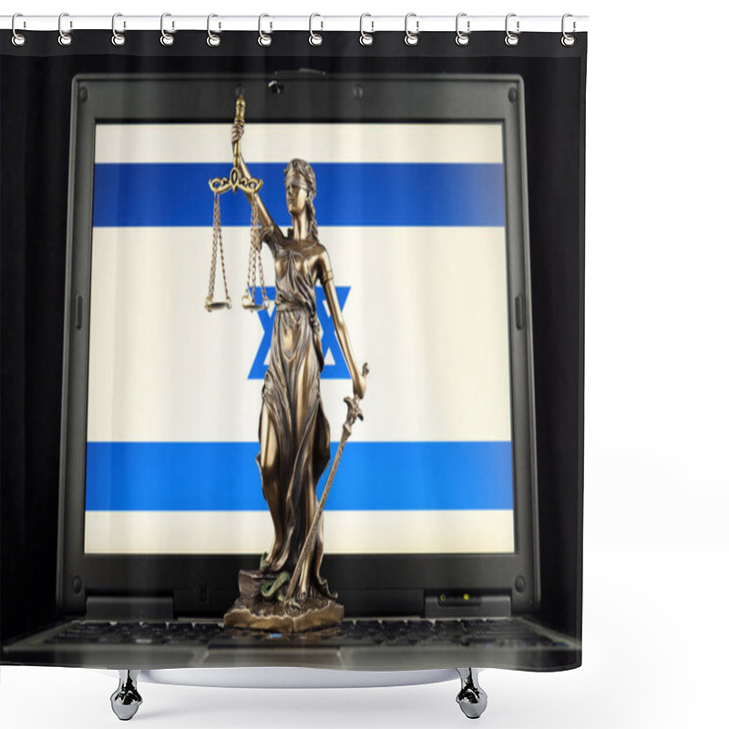 Personality  Symbol Of Law And Justice With Israel Flag On Laptop. Studio Shot. Shower Curtains