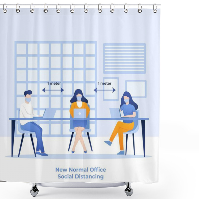 Personality  Business Meeting New Normal After Pandemic. Group Of People Wearing Mask To Prevent Virus. Social Distancing Illustration Shower Curtains