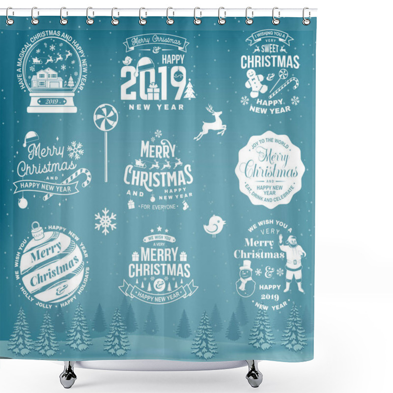 Personality  Set Of Merry Christmas And Happy New Year Stamp, Sticker Set With Snowflakes, Hanging Christmas Ball, Santa Hat, Candy. Shower Curtains