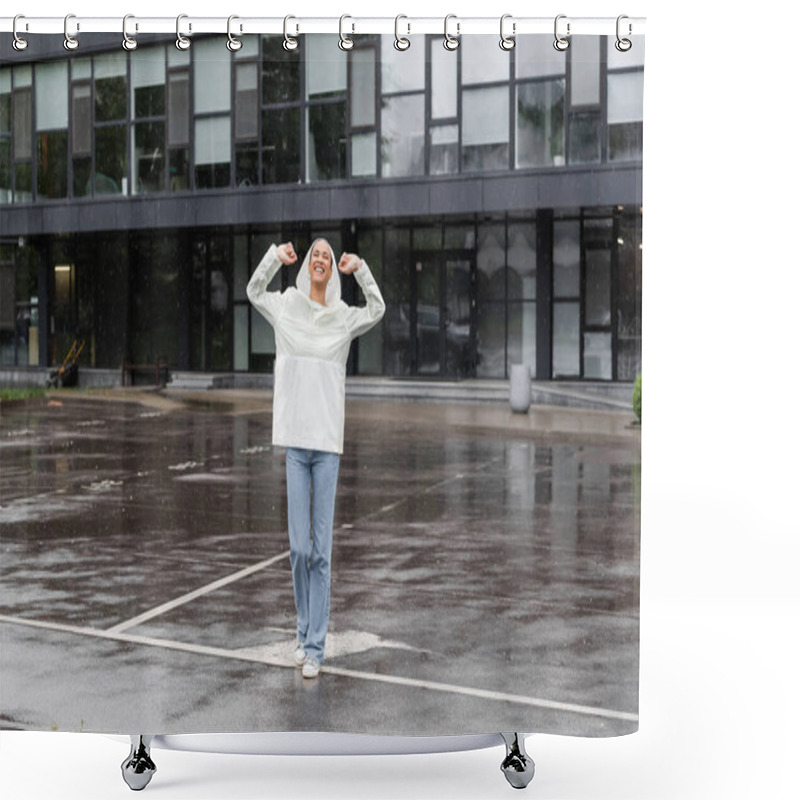 Personality  Full Length Of Overjoyed African American Woman In Waterproof Raincoat And Jeans Having Fun During Rain  Shower Curtains