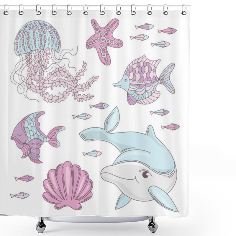 Personality  AQUA WORLD Underwater Sea Ocean Animal Cartoon Summer Tropical Cruise Vacation Vector Illustration Set For Print Fabric And Decoration Shower Curtains