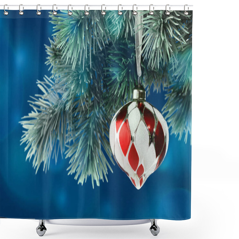 Personality  Christmas Ornaments. White And Red Glass Bauble On Christmas Tree Branch. Happy New Year Greeting Card. Copy Space Banner Shower Curtains