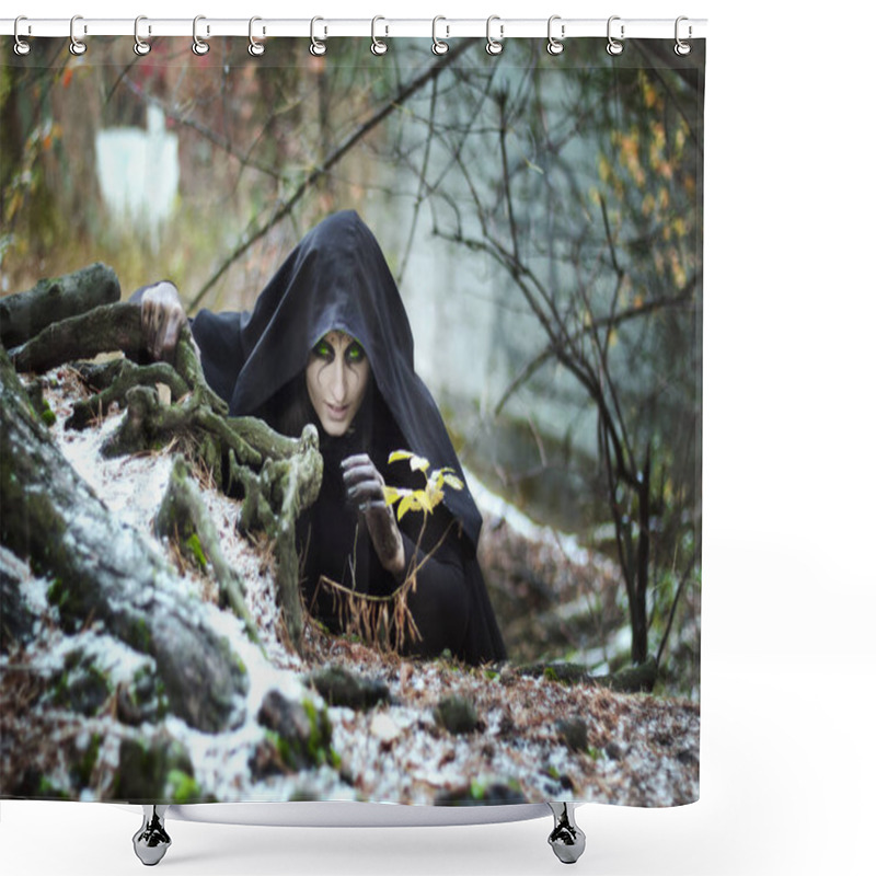 Personality  Tales For Halloween, The Girl With A Stick Of Ram Skull Girl In A Black Cloak With A Terrible Grimm, A Dark Image Shower Curtains