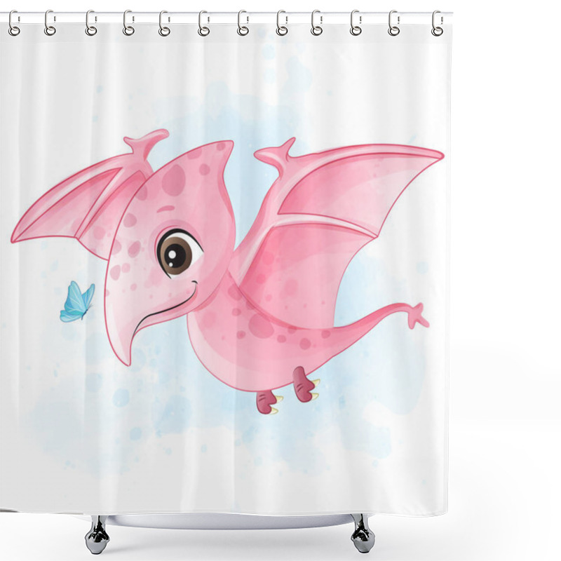 Personality  Cute Dinosaur Playing With Butterfly Illustration Shower Curtains