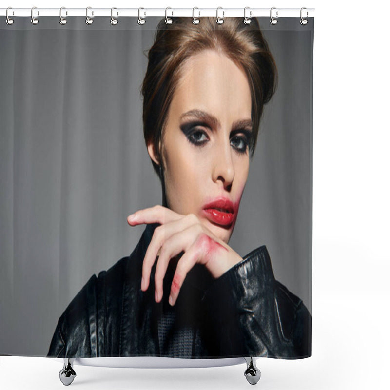 Personality  A Woman In A Black Leather Jacket, Sporting A Chic Grungy Look, Stares Intently At The Camera. Shower Curtains