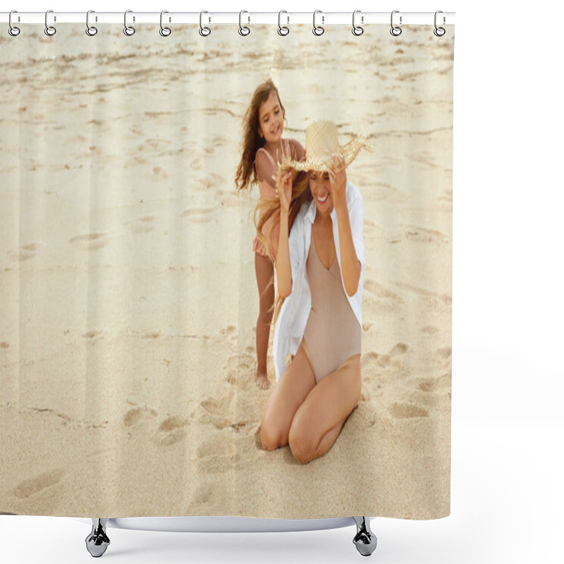 Personality  Kid And Mother On Beach. Tanned Little Girl In Swimsuit Putting Straw Hat On Moms Head. Young Woman And Her Daughter Having Fun On Summer Weekend. Summertime With Children For Happy Family. Shower Curtains