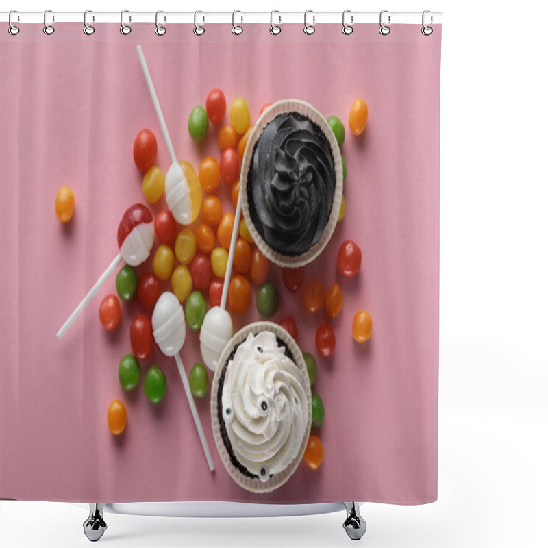 Personality  Top View Of Delicious Halloween Cupcakes, Lollipops And Bonbons On Pink Background Shower Curtains