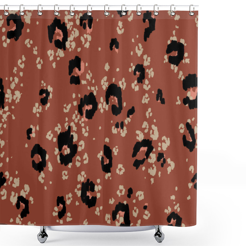 Personality  Seamless Animals Pattern. Irregular Spot Pattern. Fashionable Abstract Spots In Beige, Pink And Black On Dark Orange Background. Trendy Irregular Animal Speckles For Fashion And Interior Design.  Shower Curtains