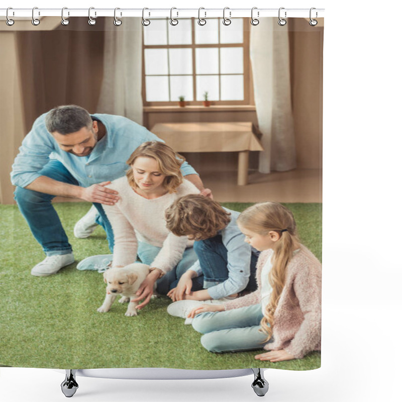 Personality  Young Family Sitting On Yard Of Cardboard House With Their Labrador Puppy Shower Curtains