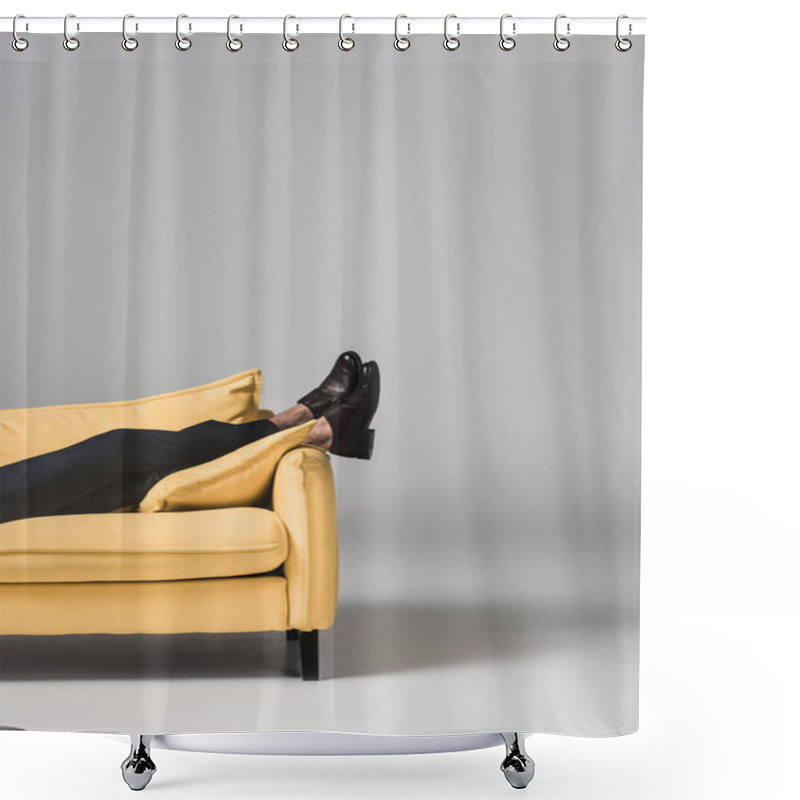 Personality  Cropped View Of Male Legs Lying On Yellow Sofa On Grey Shower Curtains