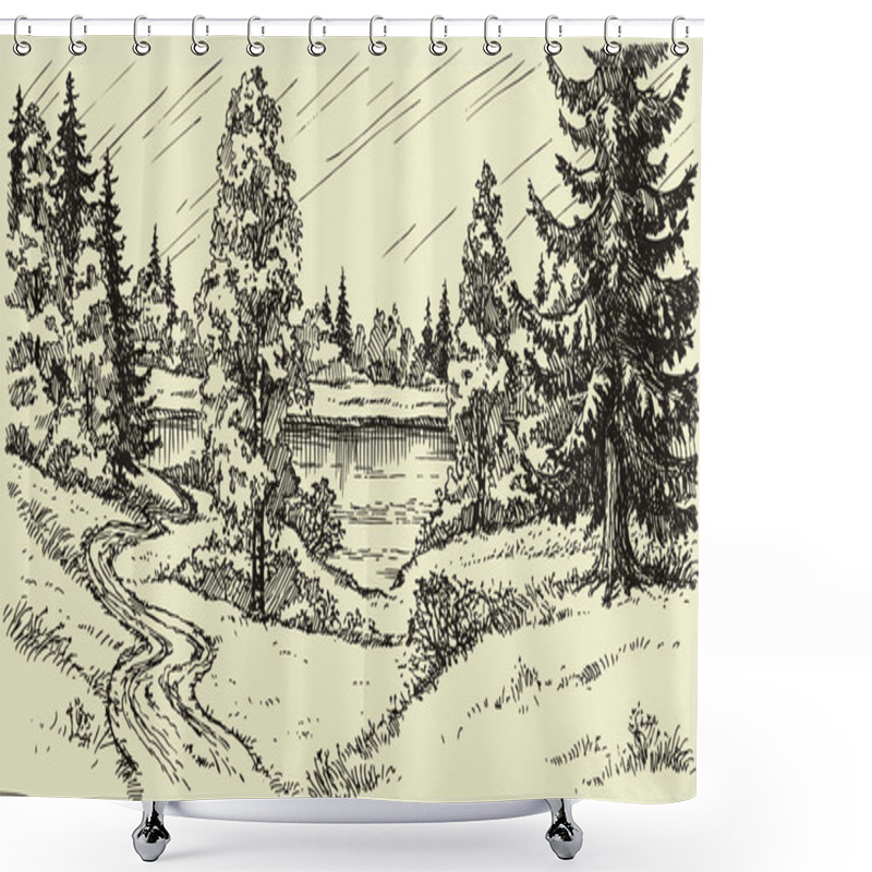 Personality  Vector Landscape. Road To The Lake Shower Curtains