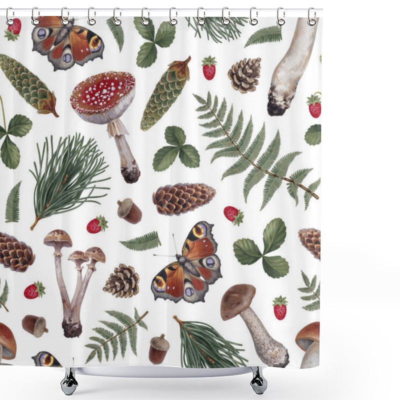 Personality  Hand Painted Botanical Pattern Design With Acrylic Illustrations Of Forest Nature. Cottegecore Style. Perfect For Prints, Fabrics, Wallpapers, Apparel, Home Textile, Packaging Design, Posters, Stationery  Shower Curtains