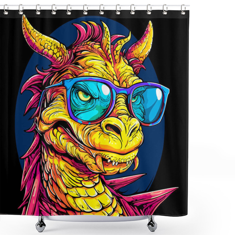 Personality  Cute And Funny Fairy Tale Dragon With Glasses In Vector Pop Art Style. Mythological Creature In Bright Colours. Template For T-shirt Print, Poster, Sticker, Etc. Shower Curtains